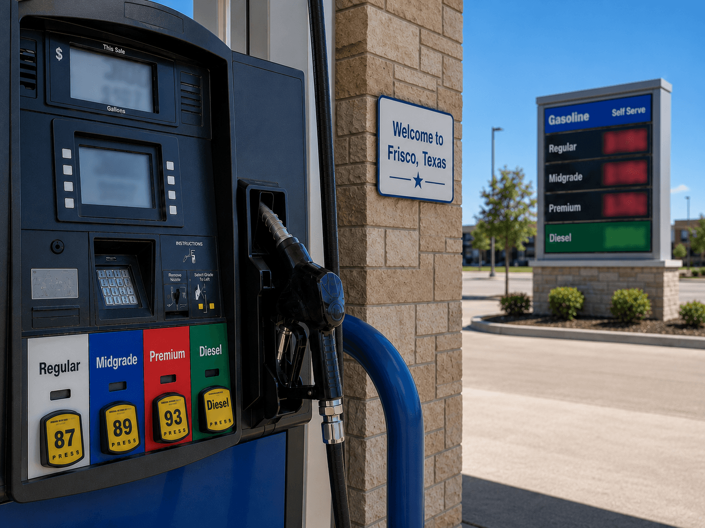 Gas prices at the pump in Frisco Texas - Illustration Jake Team LLC